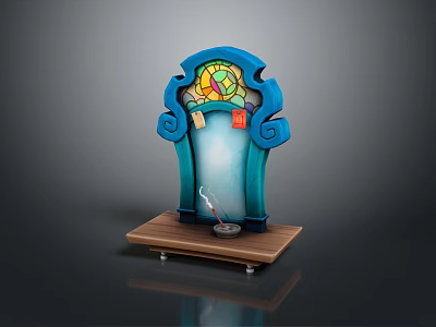 Blue Framed Stained Glass Decorative Ornament With Wooden Base For Daily Living 3d model