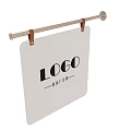 White Square Billboard With Logo Hanging On Metal Rod By Brown Hooks