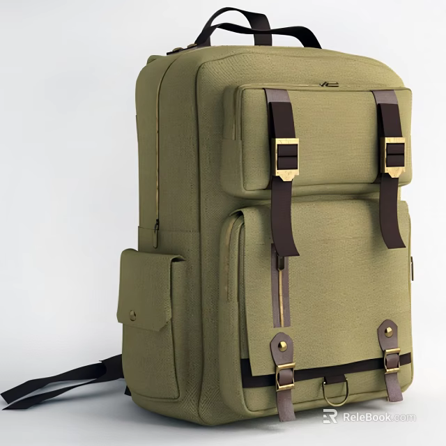 Olive Green Canvas Backpack With Brown Straps Golden Buckles Multiple Compartments And Pockets 3d model 