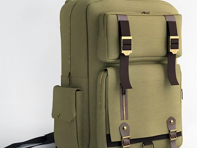 Olive Green Canvas Backpack With Brown Straps Golden Buckles Multiple Compartments And Pockets 3d model