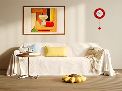 Comfortable White Sofa Set With Yellow Blue Pillows Beige Throw Wall Art Red Clock 3d model