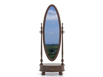Oval Wooden Standing Mirror With Drawer Base Reflecting Sky And Green Landscape 3d model