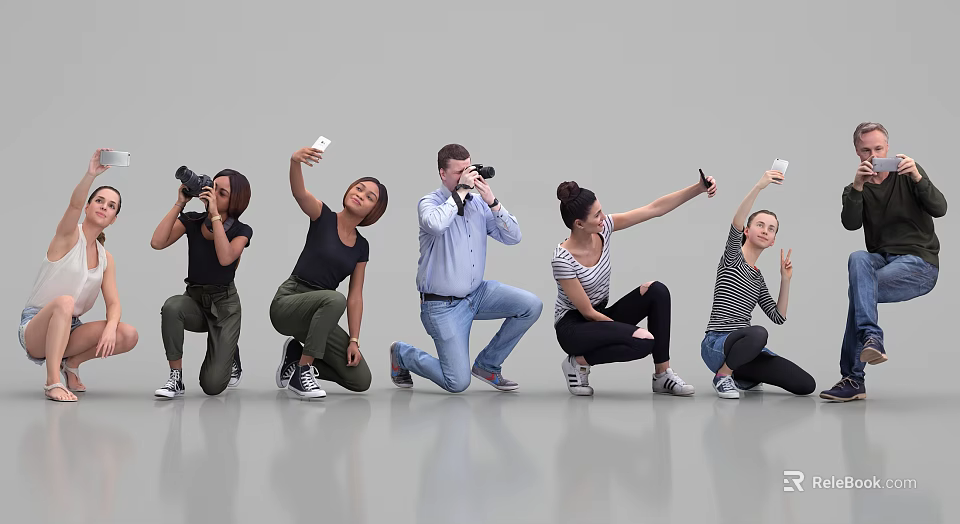 Group of People Taking Photos With Cameras And Smartphones Against Grey Background 3d model 