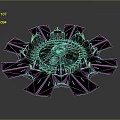 Black Circular Mechanical Device With Radial Blades Central Red Details And Blue Lights