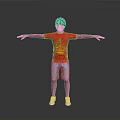 Man with tattoos in red T-shirt blue shorts and white shoes standing with arms outstretched