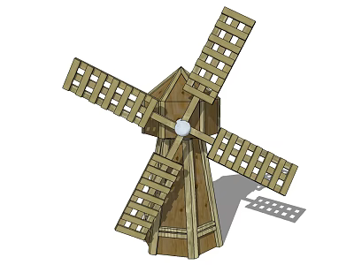 Wooden Windmill Architectural Components With Lattice Blades Hexagonal Tower Ladder And Central Hub 3d model