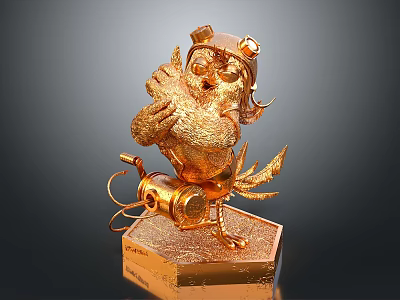 Intricate Golden Humanoid Character With Winged Creature Sculpture And Mechanical Base 3d model
