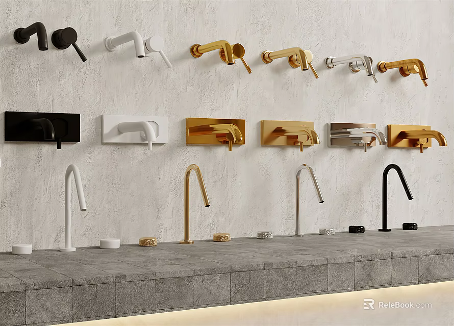 Stylish Wall Mounted And Countertop Faucets In Black White Gold And Silver Designs 3d model 