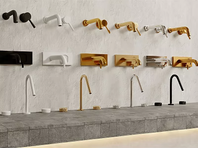 Stylish Wall Mounted And Countertop Faucets In Black White Gold And Silver Designs 3d model