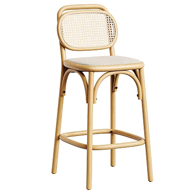 Light Colored Wooden Frame Dining Chair With Woven Backrest And Upholstered Seat 3d model