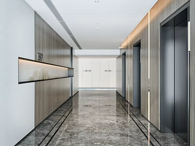Modern Elevator Lobby Interior Design With Marble Floor And Wooden Walls 3d model