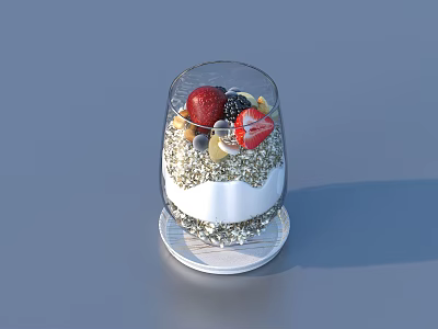 Healthy Yogurt Parfait with Chia Seeds Strawberries Blackberries and Nuts in Glass Cup 3d model
