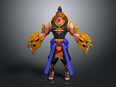 Egyptian Mythical Warrior Game Movie Character With Golden Headdress Dragon Head Arm Guards Blue Cape 3d model