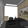 Modern Hotel Public Lounge Area With Black Sofa Coffee Table Mountain Painting And Wooden Wall Panels