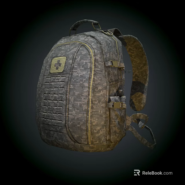 Camouflage Pattern Outdoor Backpack With Yellow Zipper Cross Logo And Adjustable Straps 3d model 