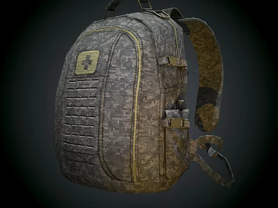 Camouflage Pattern Outdoor Backpack With Yellow Zipper Cross Logo And Adjustable Straps 3d model