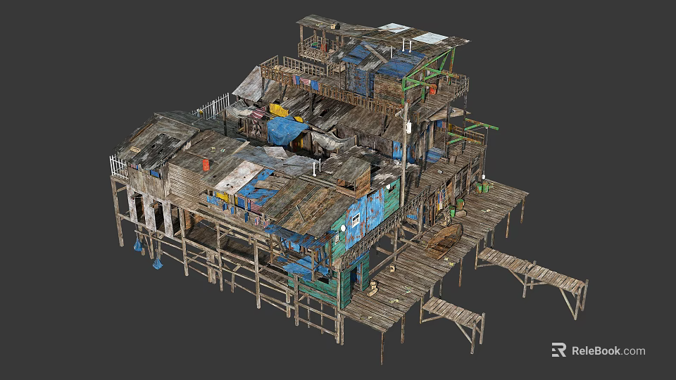 Dilapidated Stilt House Featuring Multi Level Structure Colorful Wooden Planks Platforms and Staircases 3d model 