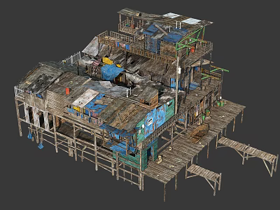 Dilapidated Stilt House Featuring Multi Level Structure Colorful Wooden Planks Platforms and Staircases 3d model