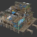 Dilapidated Stilt House Featuring Multi Level Structure Colorful Wooden Planks Platforms and Staircases