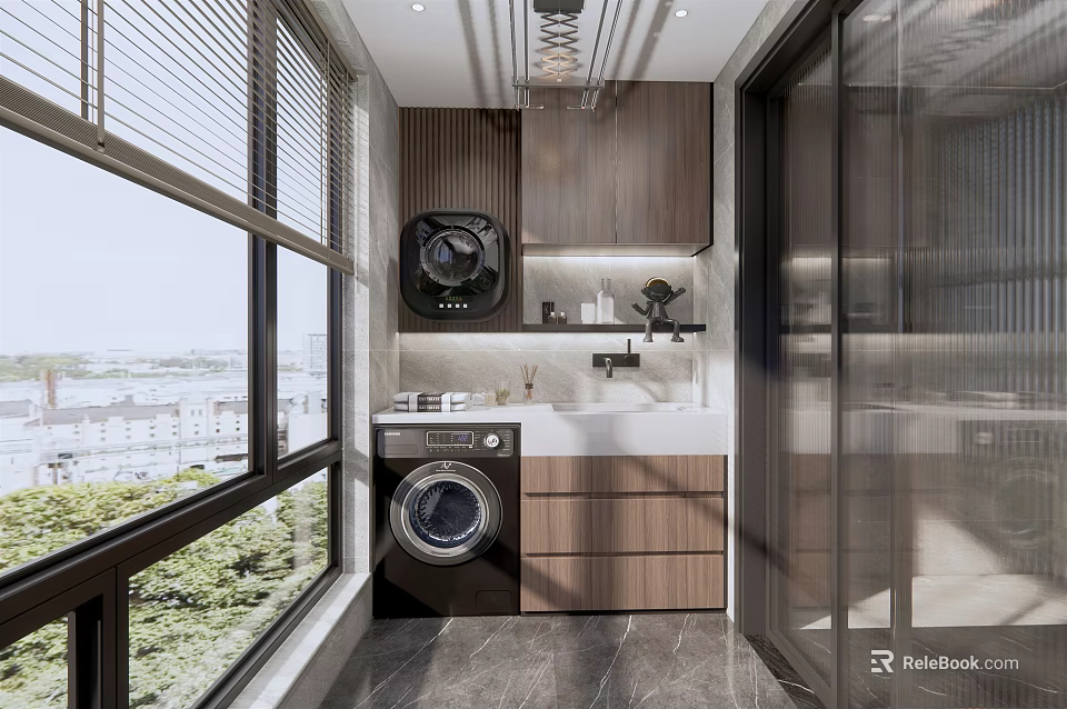 Modern Home Balcony with Washing Machine Cabinet Sink Blinds and Large Windows 3d model 