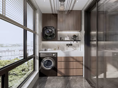 Modern Home Balcony with Washing Machine Cabinet Sink Blinds and Large Windows 3d model