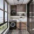 Modern Home Balcony with Washing Machine Cabinet Sink Blinds and Large Windows