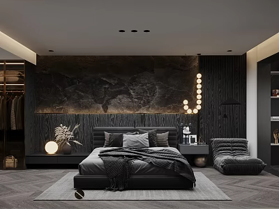 Modern Black Bedroom Interior With Marble Headboard And Ambient Lighting 3d model