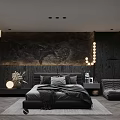 Modern Black Bedroom Interior With Marble Headboard And Ambient Lighting
