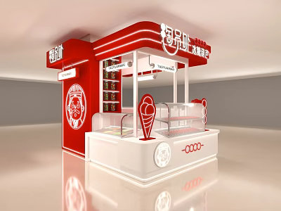 Red And White Mall Shop Interior With Display Counter And Ice Cream Signage 3d model