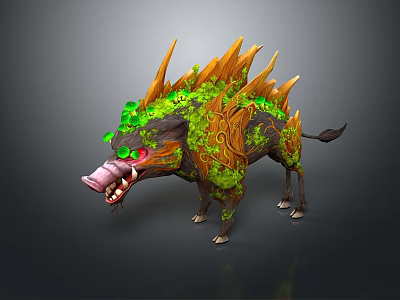 Mystical Boar Creature with Green Foliage Brown Spikes Red Eyes Open Mouth Sharp Teeth 3d model