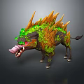 Mystical Boar Creature with Green Foliage Brown Spikes Red Eyes Open Mouth Sharp Teeth