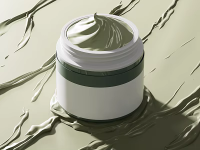 Green Face Cream Jar with Smooth Texture and White Green Packaging Design 3d model