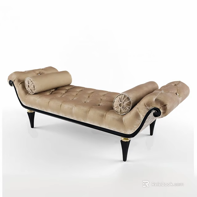 Beige Velvet Sofa Bench With Tufted Back Curved Arms And Black Tapered Legs 3d model 