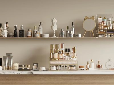 Perfumes and Cosmetics Display on Wooden Shelves With Glass Bottles and Decorative Mirror 3d model