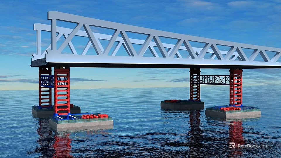 Industrial Equipment with Truss Frame and Red Support Columns on Floating Bases in Marine Environment 3d model 