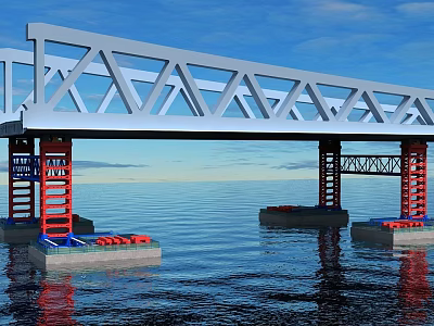 Industrial Equipment with Truss Frame and Red Support Columns on Floating Bases in Marine Environment 3d model