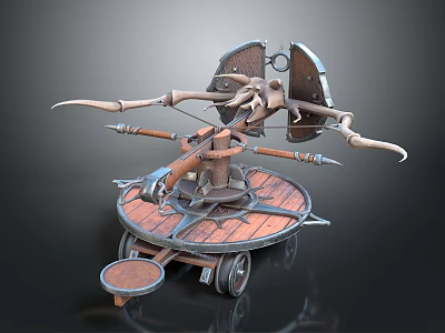 Ancient Mechanical Warfare Equipment with Wooden Base Metal Components and Rotating Spear Arms 3d model