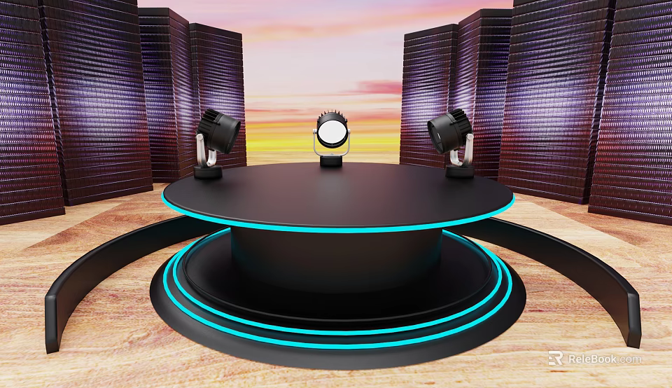 Black Circular Stage With Blue Neon Lights And Three Spotlights Against Sunset Background 3d model 
