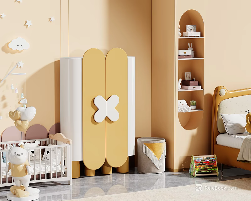 Kids Room Interior Design With Butterfly Shaped Cabinet Arched Wall Shelves And Baby Crib 3d model 