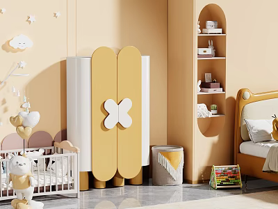 Kids Room Interior Design With Butterfly Shaped Cabinet Arched Wall Shelves And Baby Crib 3d model