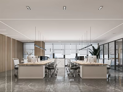 Modern Public Office Space With Workstations Computers White Office Chairs Marble Flooring And Large Windows 3d model