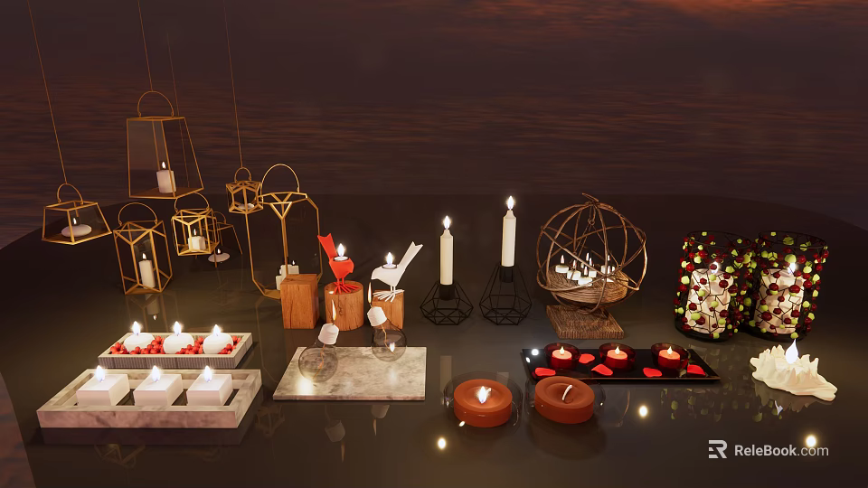 Various Designed Candle Lamps Featuring Metal Frames And Colored Candles On Marble Surface 3d model 