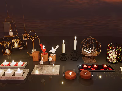 Various Designed Candle Lamps Featuring Metal Frames And Colored Candles On Marble Surface 3d model