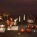 Various Designed Candle Lamps Featuring Metal Frames And Colored Candles On Marble Surface