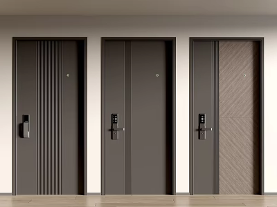 Modern Swing Doors With Three Different Panel Designs And Dark Finish 3d model