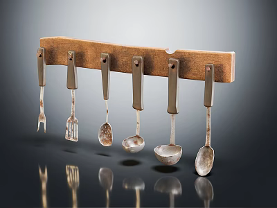 Metal Kitchen Utensils Hanging On Brown Wooden Rack Including Forks And Spoons 3d model