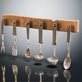 Metal Kitchen Utensils Hanging On Brown Wooden Rack Including Forks And Spoons