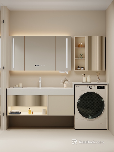 Elegant Modern Bathroom Washbasin With Illuminated Mirror Cabinet And Storage Countertop 3d model 