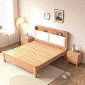 Natural Style Wooden Double Bed With Green Pillows Quilt Nightstand Floor Lamp And Wall Decor