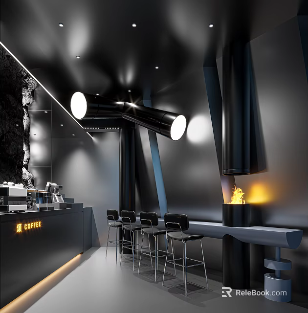 Modern Café Interior Design With Black Gray Bar Counter High Stools Fireplace And Pendant Lights 3d model 